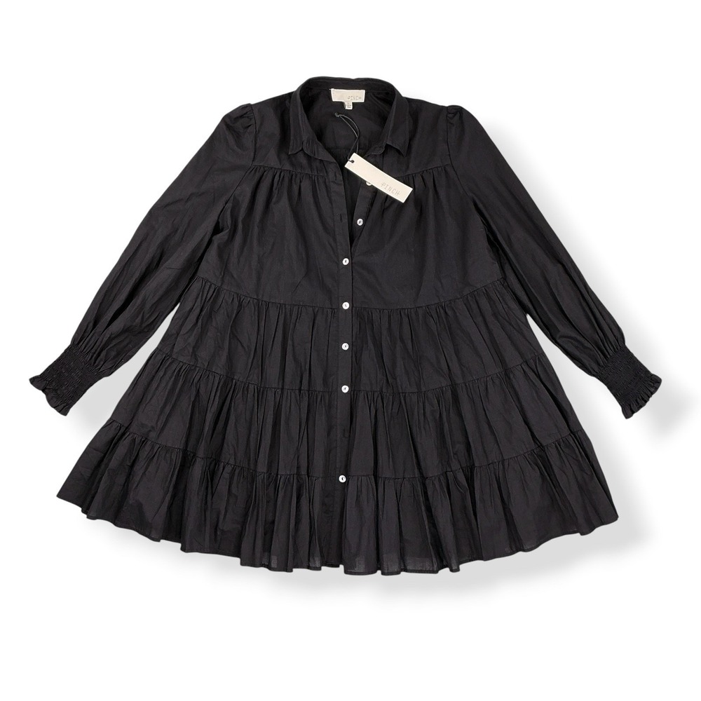 Pinch Dress Women Small Black Long Sleeve Button Down Babydoll Tiered Ruffle NWT